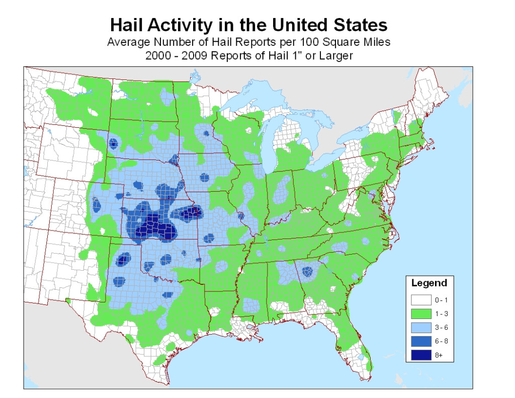 Map Of Hail 1 inch 10 years