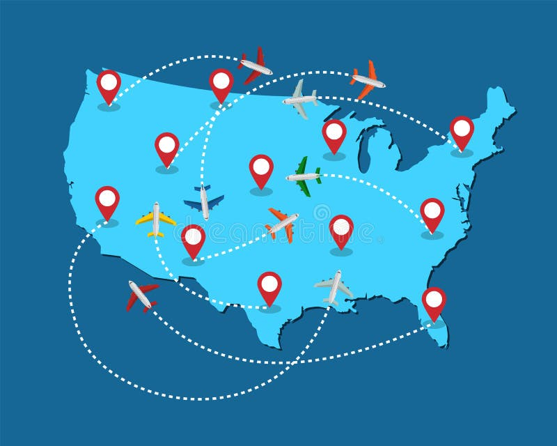 Planes Routes Flying Over United States Map Tourism And Travel Concept