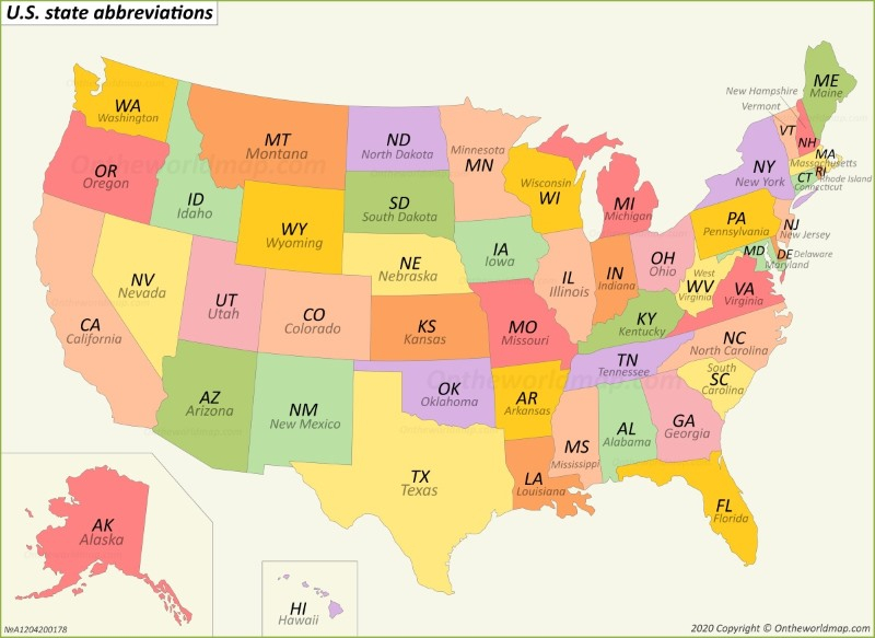 U S State Abbreviations Map