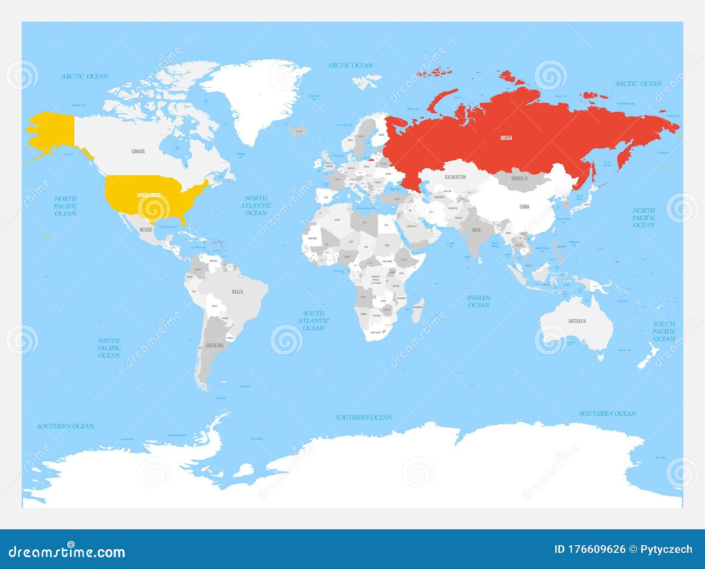 United States And Russia Highlighted On Political Map Of World Vector 