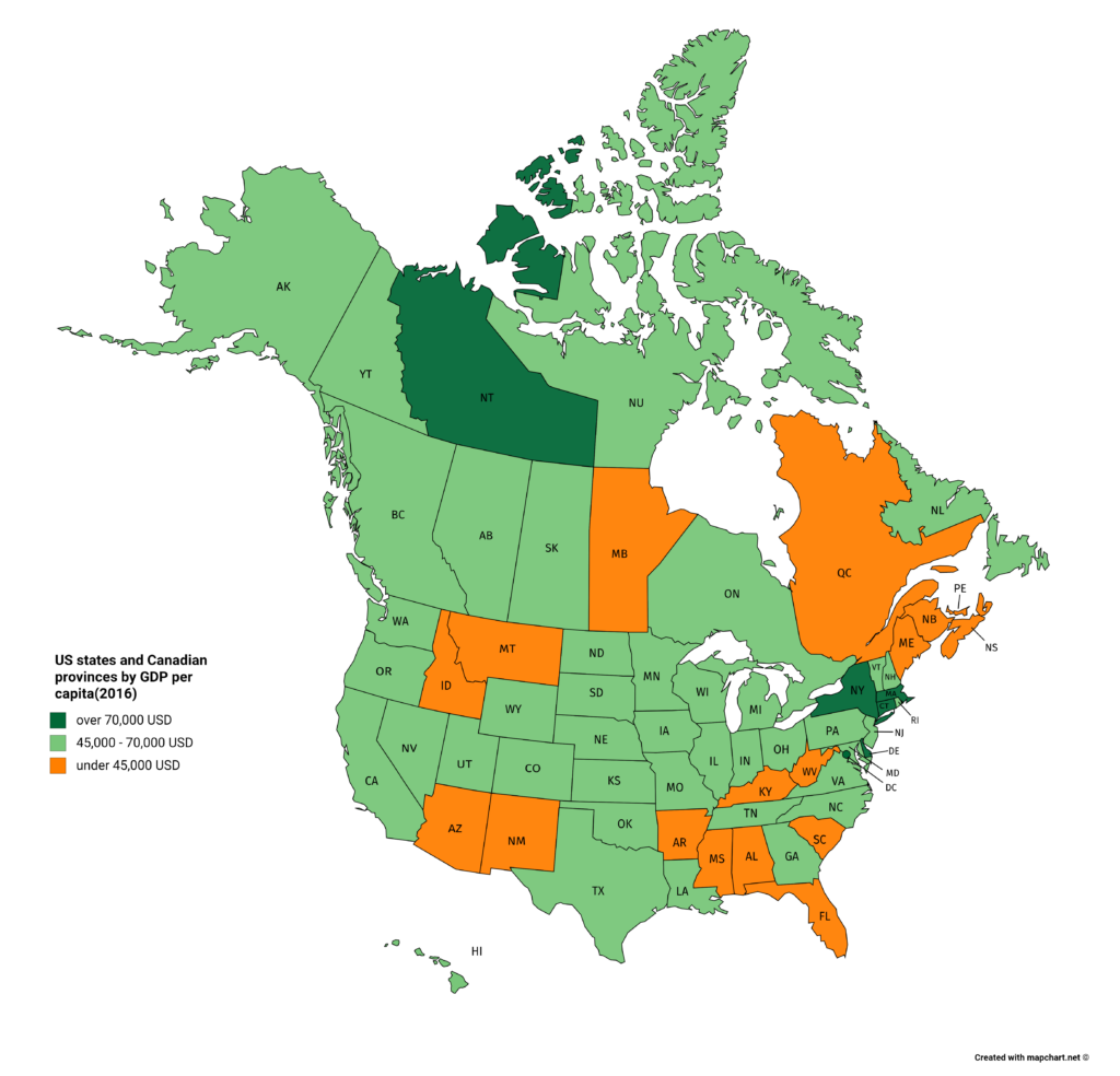US States And Canadian Provinces By GDP Per Capita 2016 4700x4500 