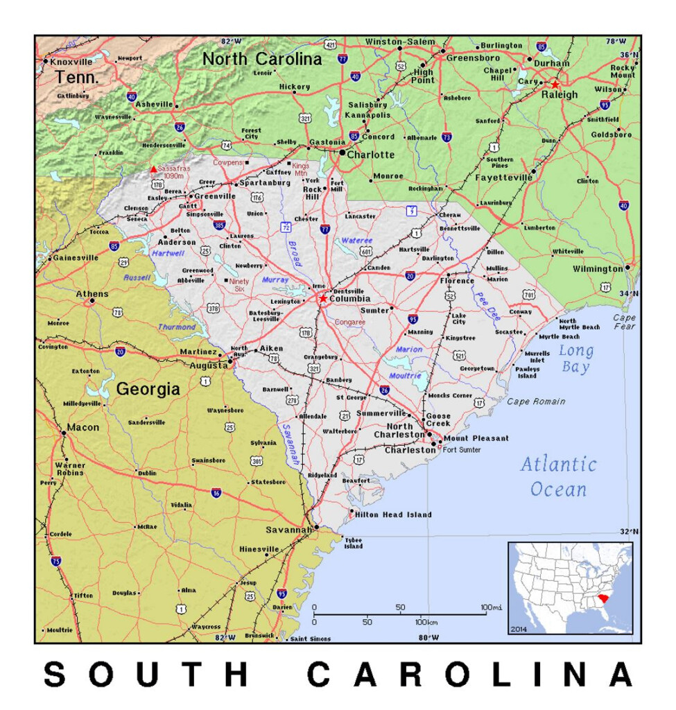 Detailed Map Of South Carolina State With Relief South Carolina State 