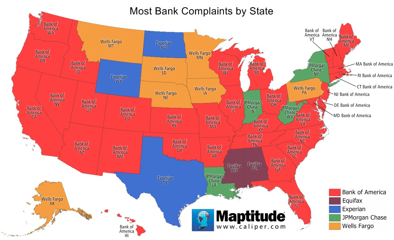 Maptitude Map Most Bank Complaints By State