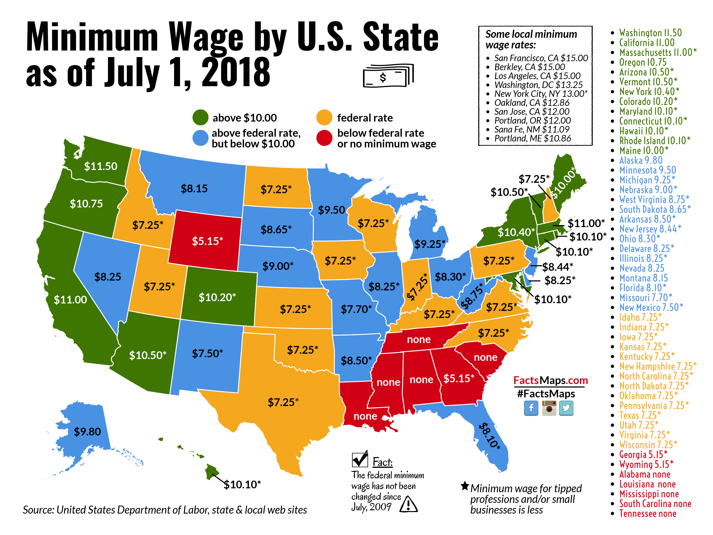 Minimum Wage By U S State As Of July 1 2018 FactsMaps