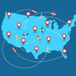 Planes Routes Flying Over United States Map Tourism And Travel Concept