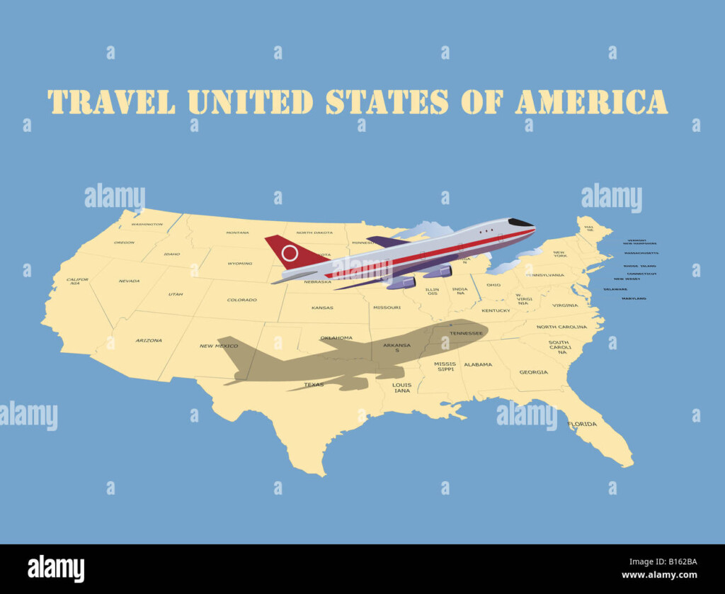 Travel United States Of America A Passenger Plane Over The USA Map 