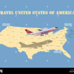 Travel United States Of America A Passenger Plane Over The USA Map