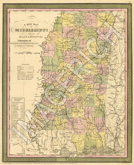 Vintage State Map Mississippi 1850