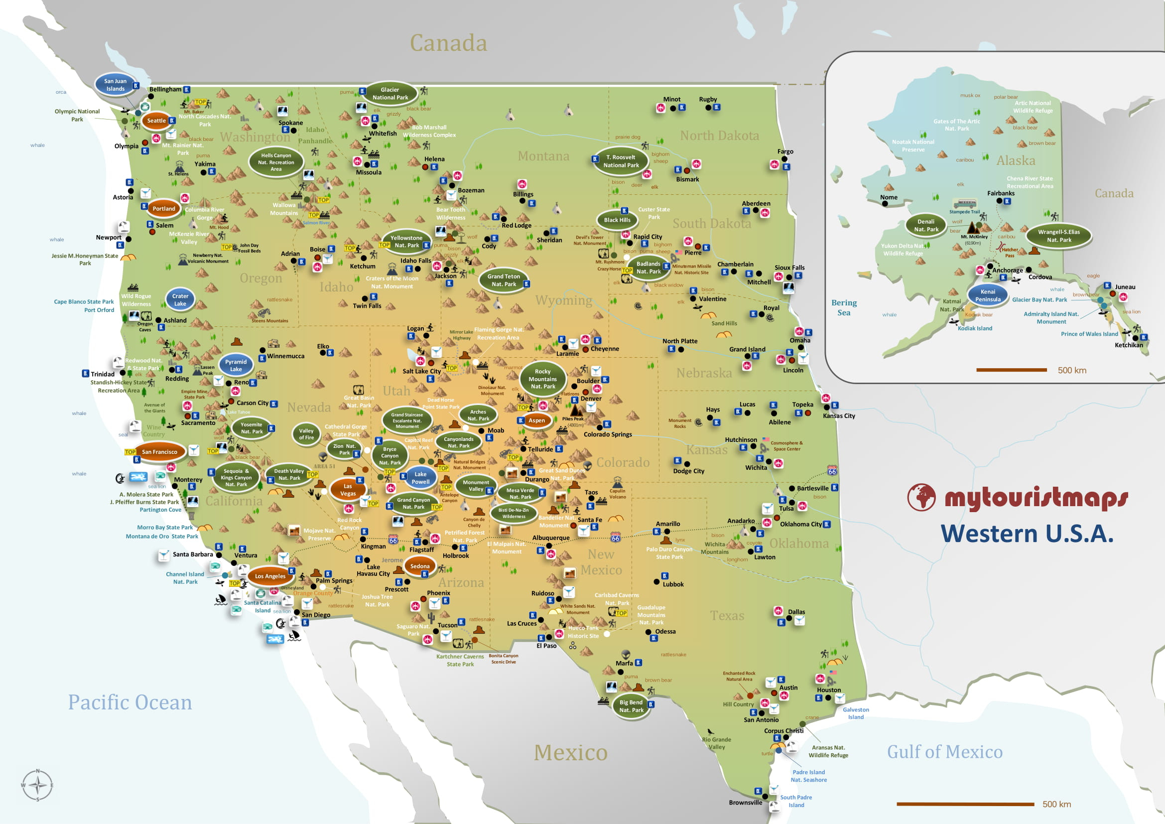 Western USA Travel Tourism Attractions Map Wanderlust